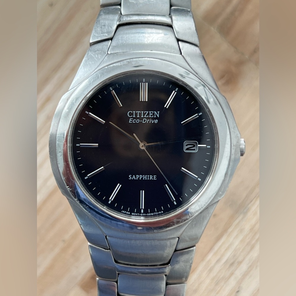 Citizen Eco-Drive Sapphire Men’s Solar Watch Black Dial Stainless Bracelet Date